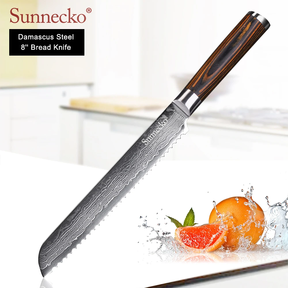 

SUNNECKO 8" inch Bread knife Japanese VG10 Damascus Steel Sharp Blade knives Pakka Wood Handle Cake Cutter Chef's kitchen Knife