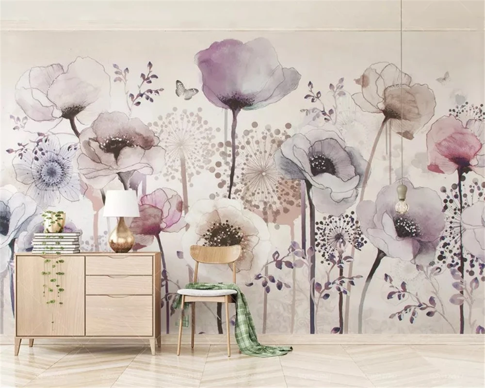 

beibehang Custom size wall paper watercolor hand-painted style lilac floral beautiful TV background papel de parede wallpaper