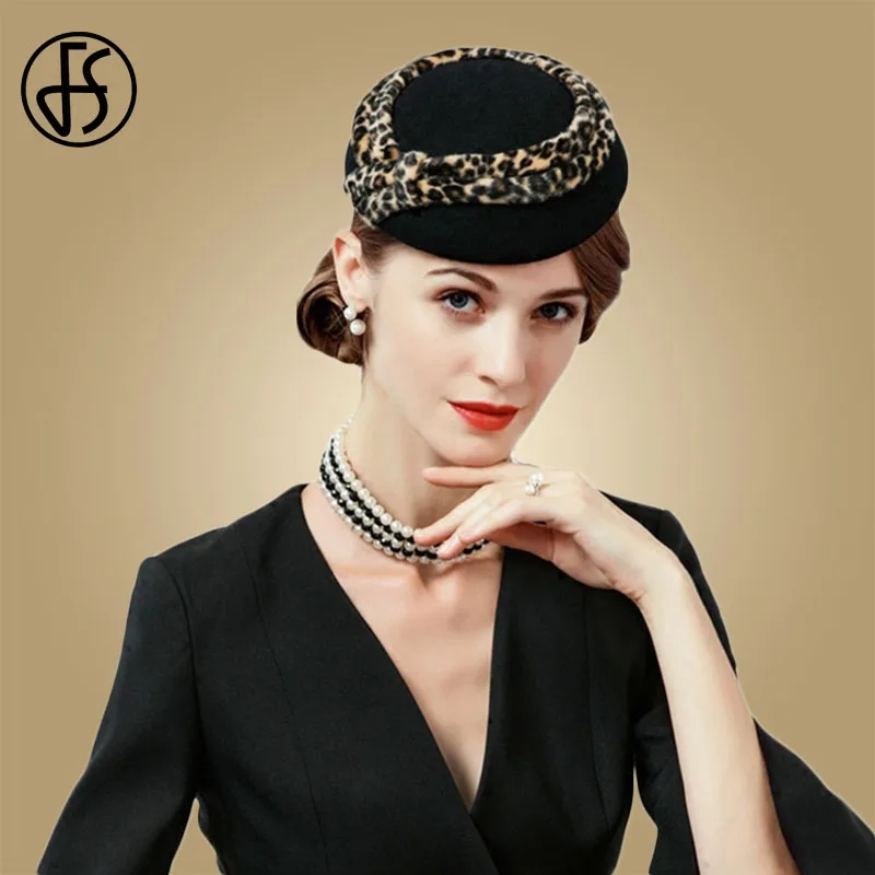 FS Black Fascinator For Women Leopard Pillbox Hat 100% Wool Wedding Vintage Church Dress Hats Cocktail Felt  Caps Fedora