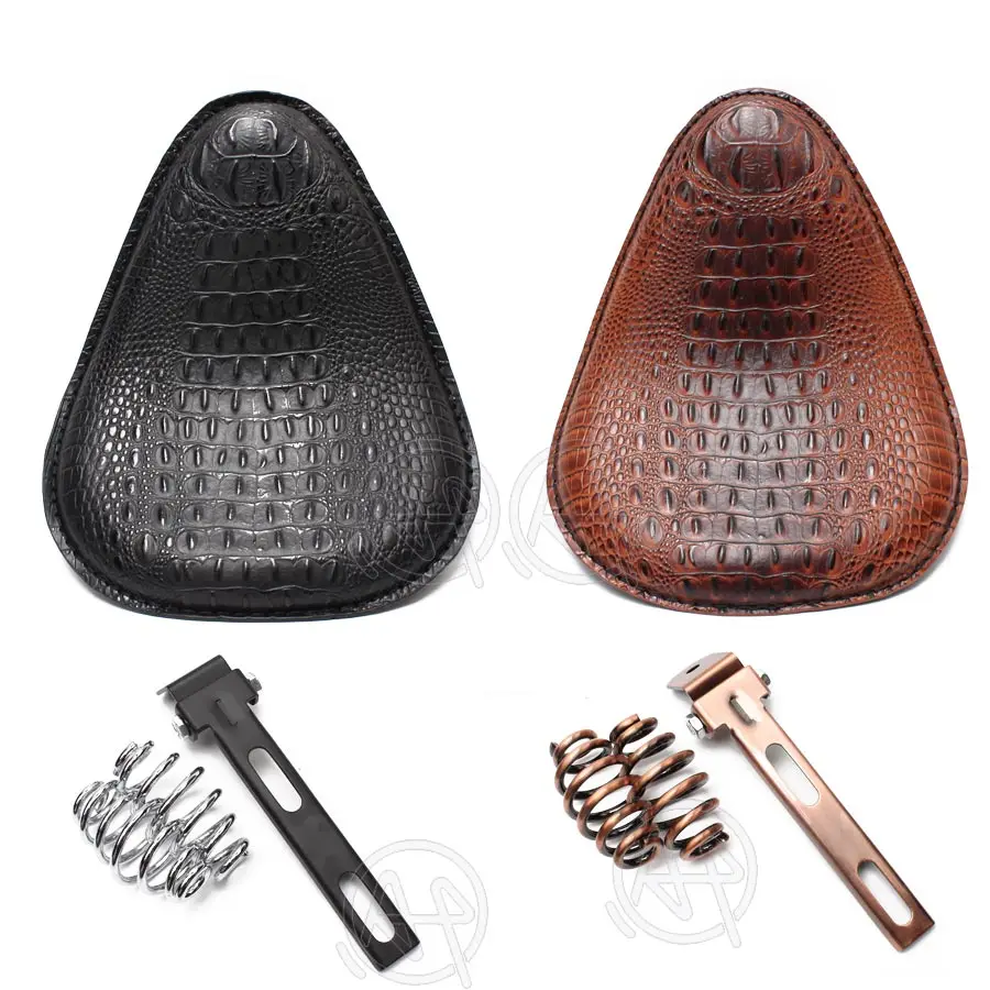 Motorcycle Retro Brown/Black Crocodile Leather Solo Seat+3