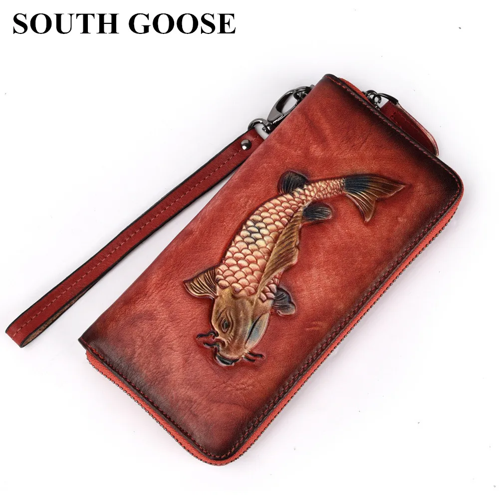 SOUTH GOOSE Men Wallet Genuine Leather Casual Long Clutch Handy Bag High Quality Women Vintage Multi-Card Wallets Coin Purses