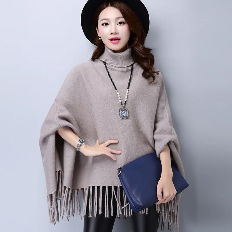 7 Colors Tassel Poncho Overcoat Autumn Knitted Long Bat Sleeves Korean Version Loose Sweater Women High Neck Pullovers Knitwear