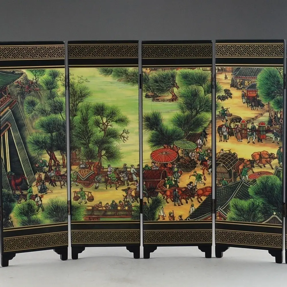 CHINESE LACQUER WARE HAND PAINTING QINGMING FESTIVAL HOME  folding screen DECOR