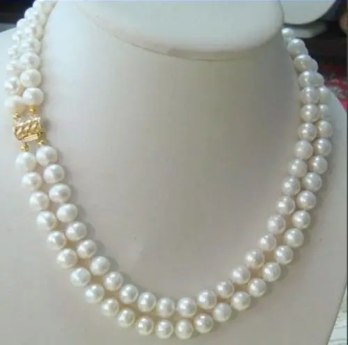 

Hot! hot 2 row 9-10MM AKOYA REAL WHITE PEARL NECKLACE 14k Clasp 5G4U5I