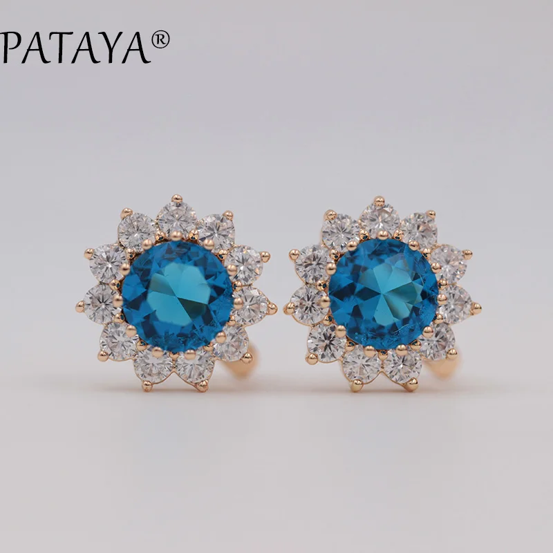 PATAYA Sunlight Big Drop Earrings 585 Rose Gold Color Green Round Natural Cubic Zirconia Earrings Luxurious Jewelry Earrings