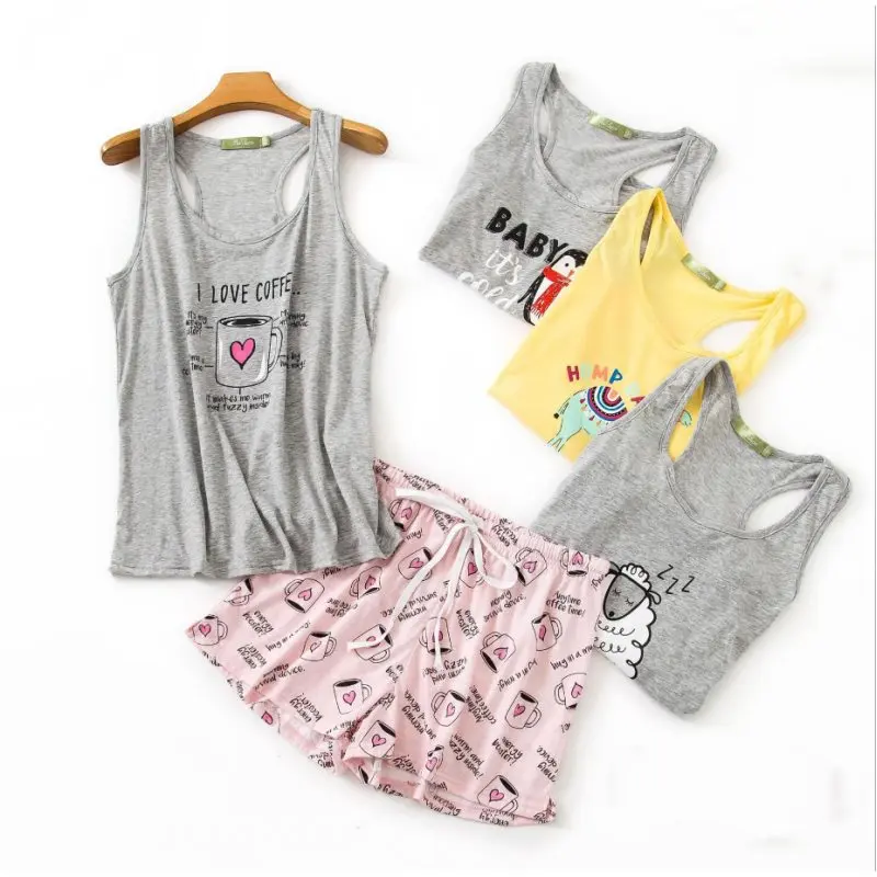 Summer Female Casual Cartoon Pajama Sets Ladies Cotton Sleepwear Suit Women Sleeveless Vest Shirt & Shorts Home Clothes