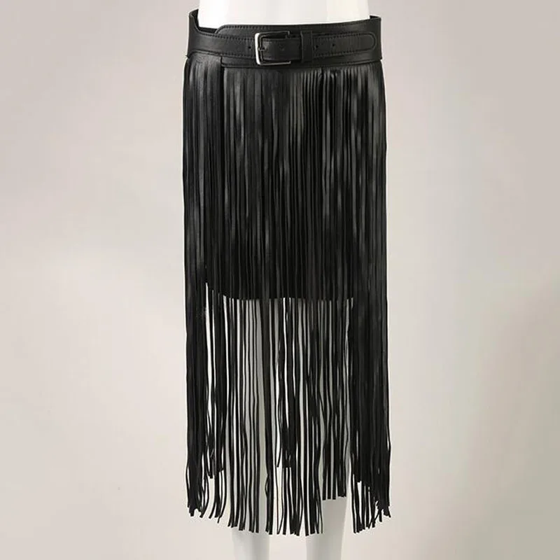 

New design Hippie Boho Fringe Tassel Black Faux Leather Ladies Belt All Matching High Waist Fashion Women Long Belts