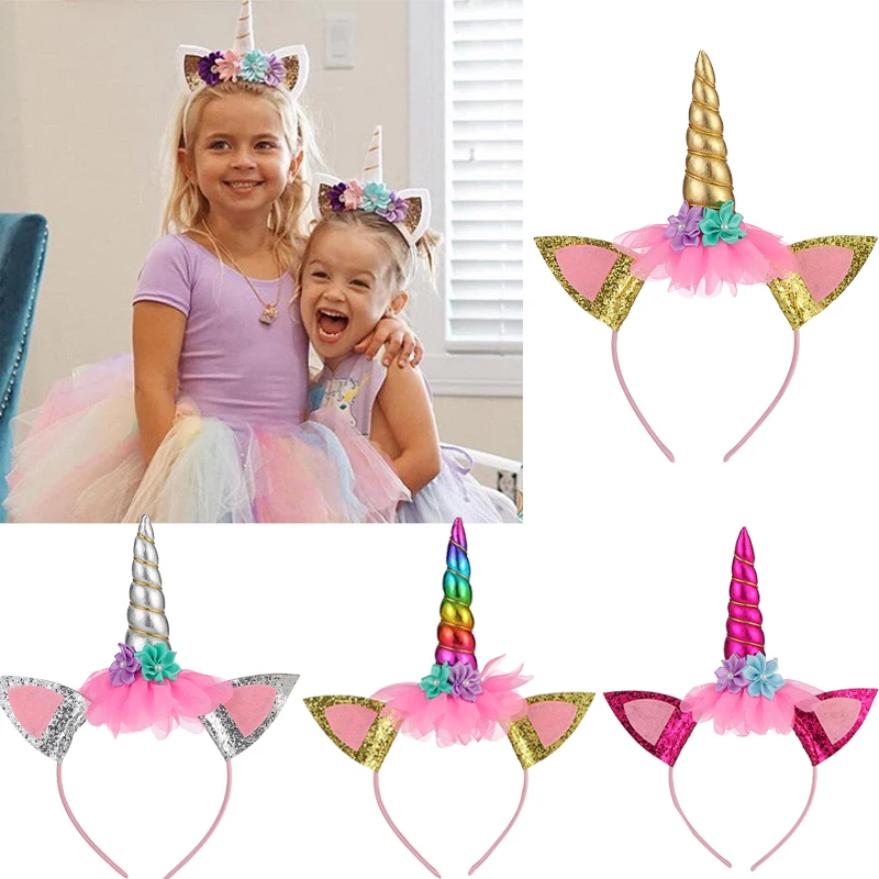 Kids Princess Unicorn Headband Glitter Ears Hairband Rainbow Horn Headwear Christmas Party Hair Accessories Birthday Gift DIY1pc