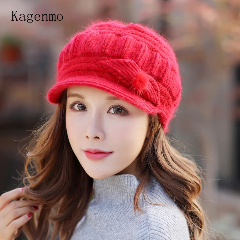 Kagenmo Cap And Scarf Twinset Warm Winter Keep Warm Accessories Rabbit Fur Knit Women Hat Outdoor Windproof Thermal Scarf