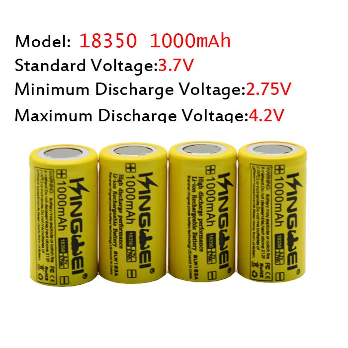 100 pz/lotto kingwei 18350 1000 mAh 3.7 V Batteria Ricaricabile Li-Ion Batteria Al Litio per Led Torcia Elettrica Della Macchina Fotografica Del Faro