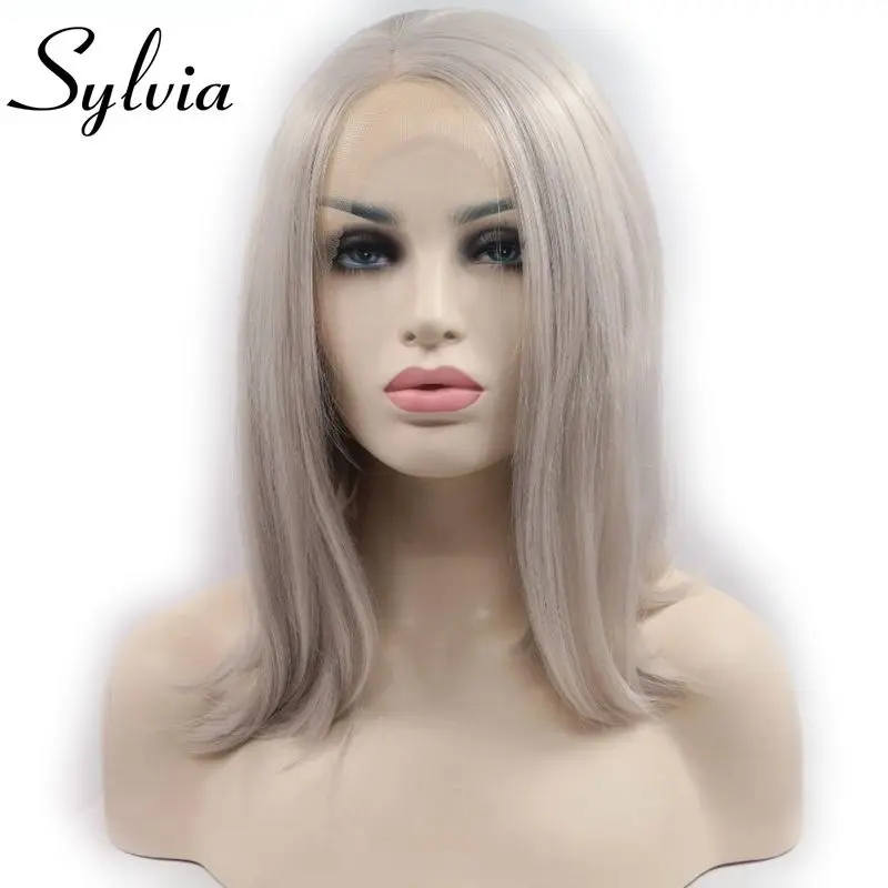 

Sylvia Silver Grey Short Bob Wigs Synthetic Lace Front Wig Heat Resistant Fiber Short Straight Hair For Women