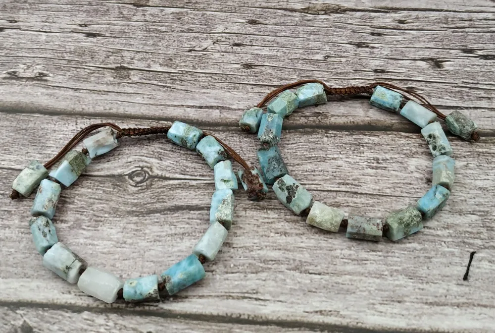 YA3913 Natural Larimar Stone Column Beads Knotted Cord Adjustable  Bracelet