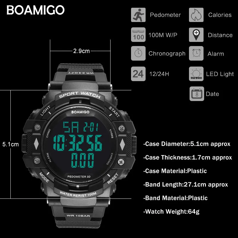 BOAMIGO shock Men Digital Sports Military Watches Led Swim 100m Waterproof pedometer calorie man smart watch Relogios Masculino