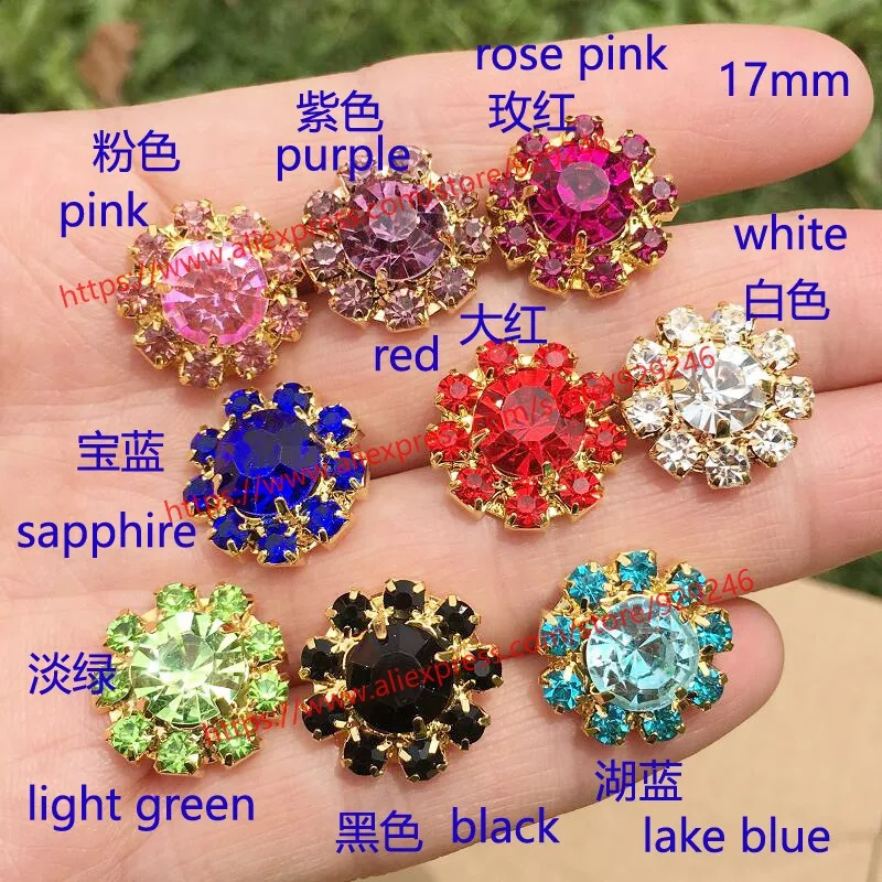 12pcs/lot 17mm sunflower crystal button for sweaters decoration red pink black green blue rhinestone gold button for shirts hat