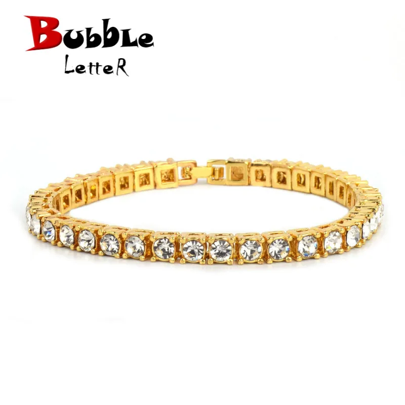 Bubble Letter Men\'s Hip hop Bracelet Tin Alloy Gold Color Iced Rhinestone Crystal 1 Row Tennis Chain Bracelet Street Rock