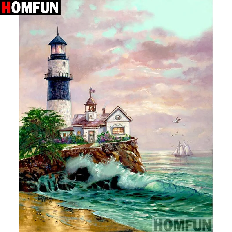 

HOMFUN Full Square/Round Drill 5D DIY Diamond Painting "Lighthouse landscape" Embroidery Cross Stitch 3D Home Decor Gift A13404