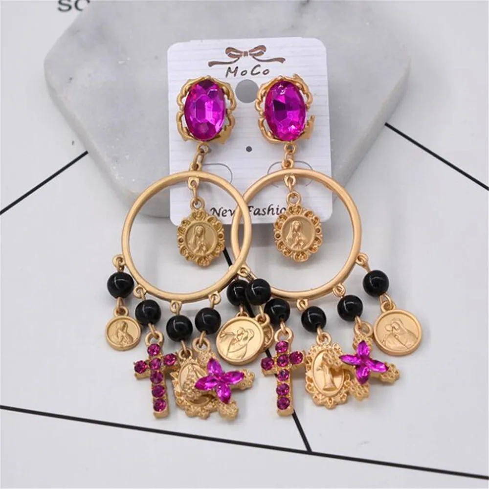 Fashion Hot Pink Rhinestones Baroque Retro Earrings Jewelry European Fashion Cross Drop Women Big Baroque Earring Jewelry