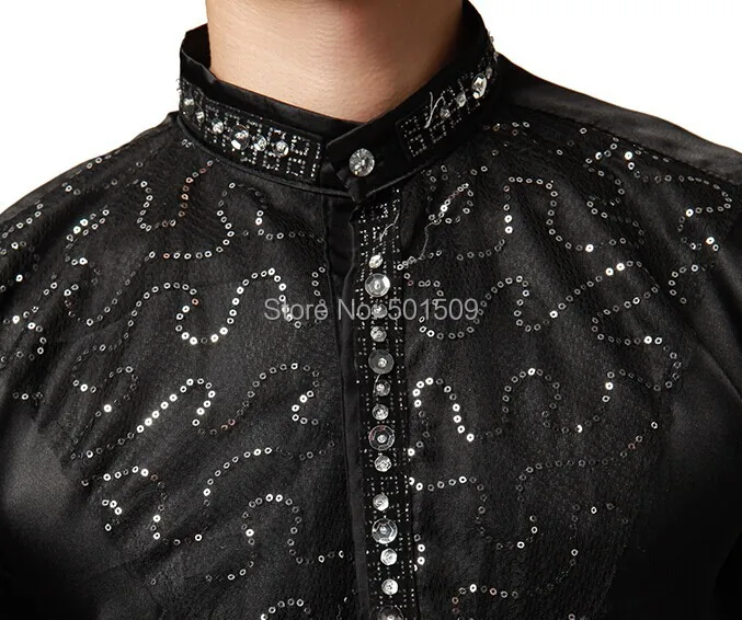 sequins beading collar prince stage black mens tuxedo shirts party/event shirts