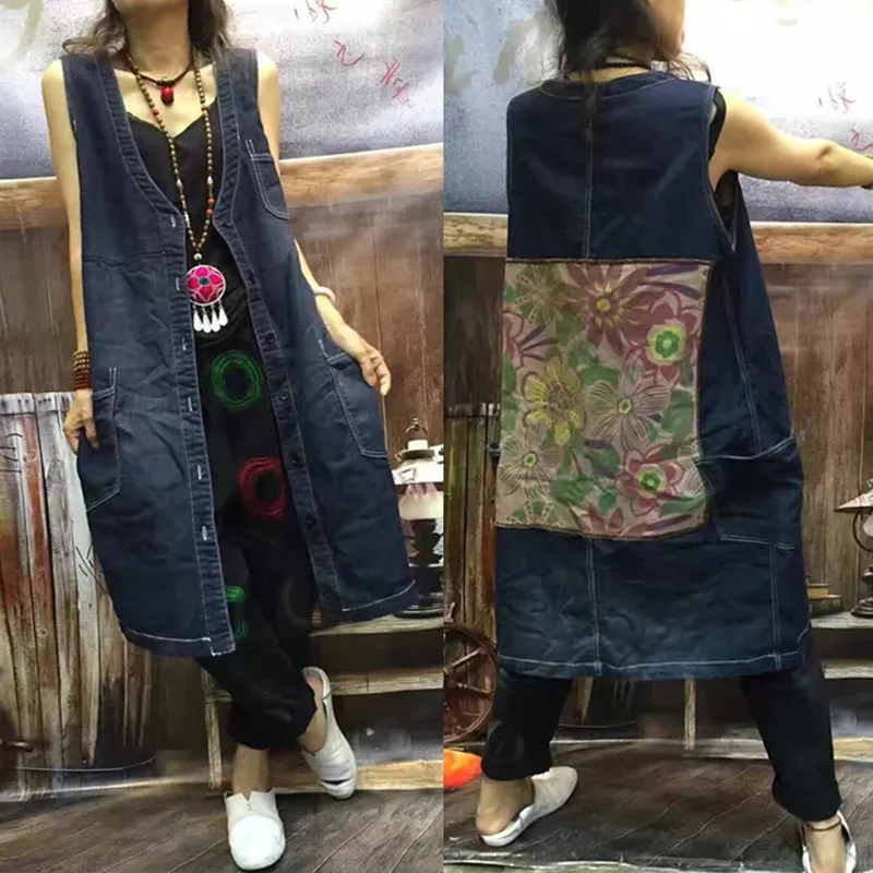 Miễn Phí Vận Chuyển 2021 Mùa Hè Mới Vintage Denim Áo Dài Cho Nữ Cỡ Rời Quần Jean Áo Khoác Không Tay Miếng Dán Thiết Kế Áo