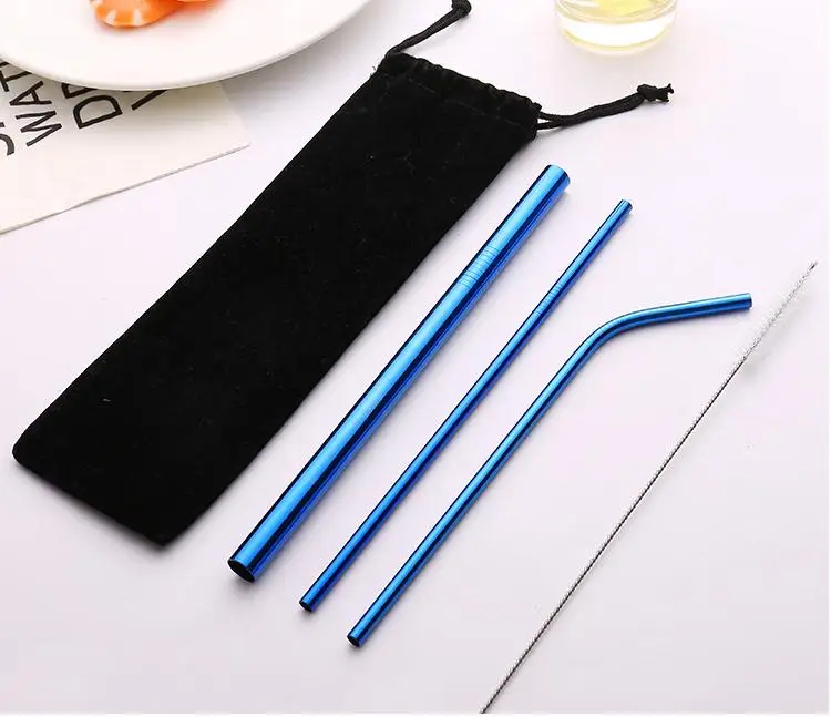 

100set/lot Eco Friendly Reusable Straw 304 Stainless Steel Straw Metal Smoothies Drinking Straws Set with Brush & Bag SN525