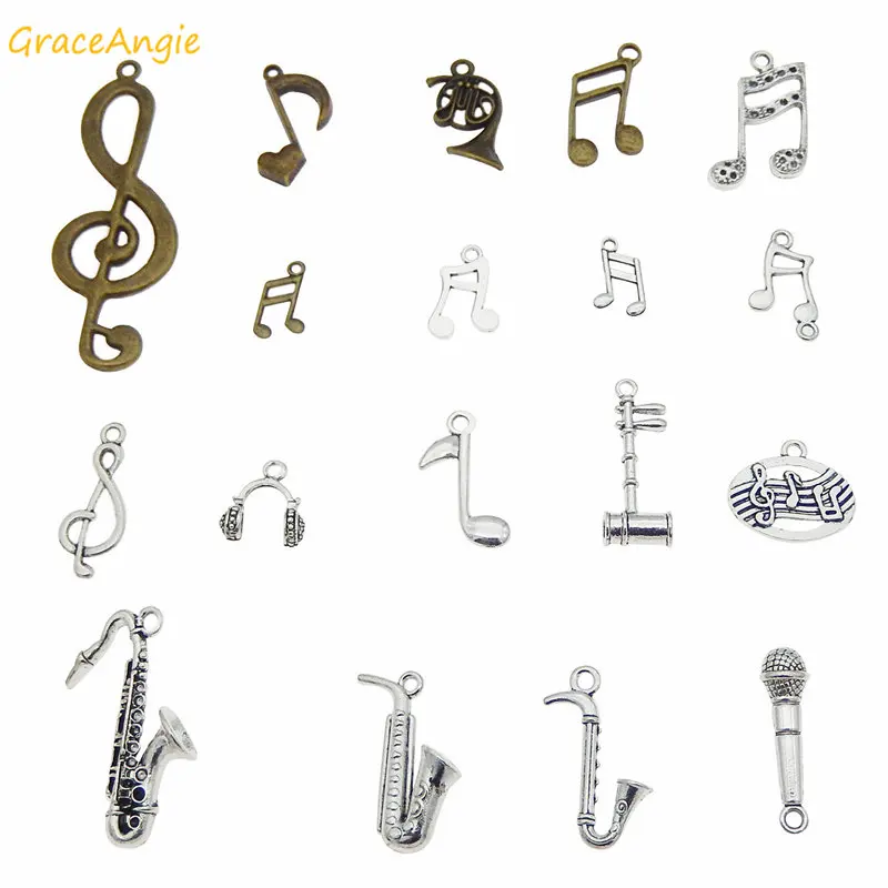 GraceAngie 10pcs Mixed Instruments Music Notes Pendant Zinc Alloy Charms Jewelry Bracelet Necklace Keychain MakingDIY