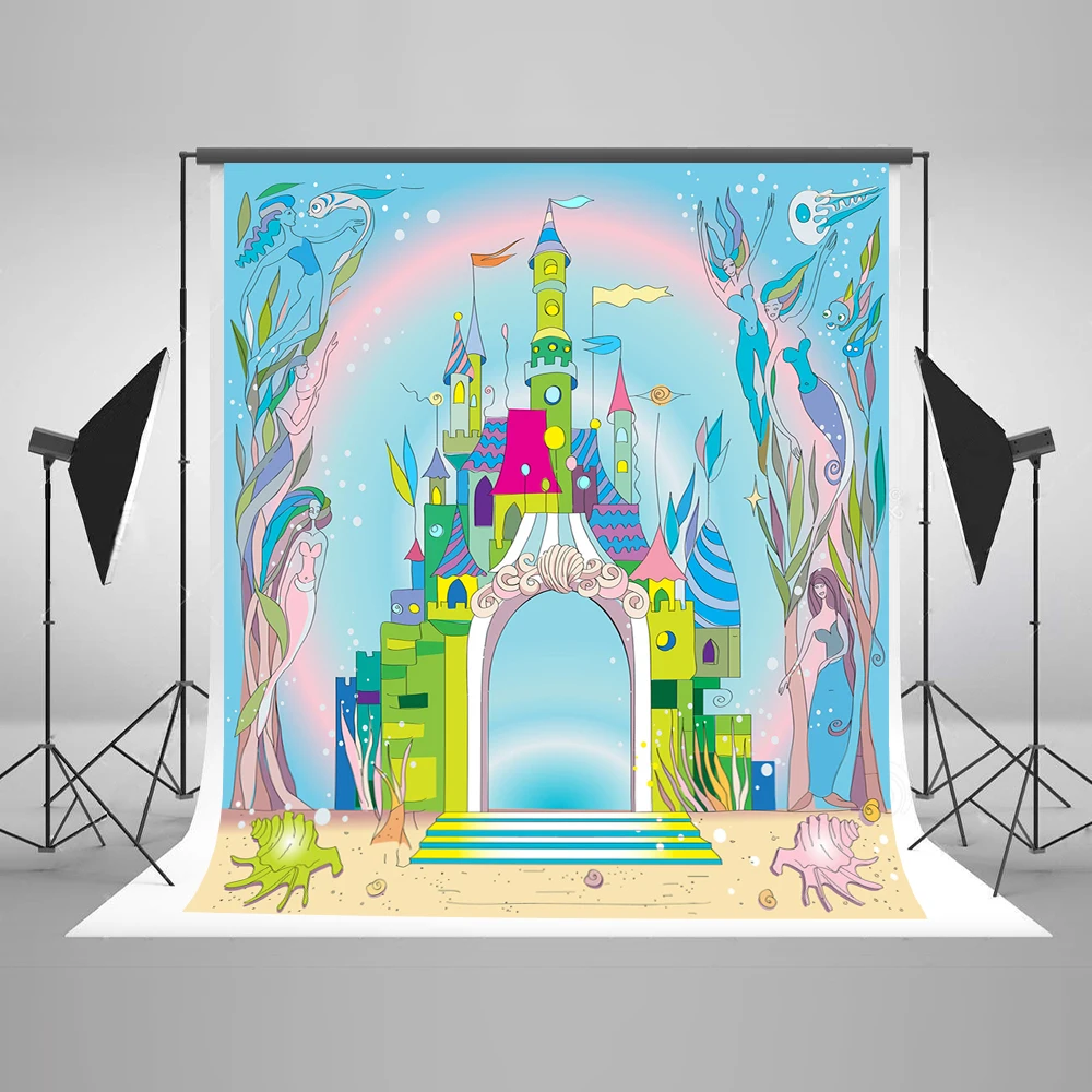 

VinylBDS 5x7ft (150x220cm) Cartoon Castle Photography Backdrop Underwater World Studio Backdrop Rainbow Newborn Party Background