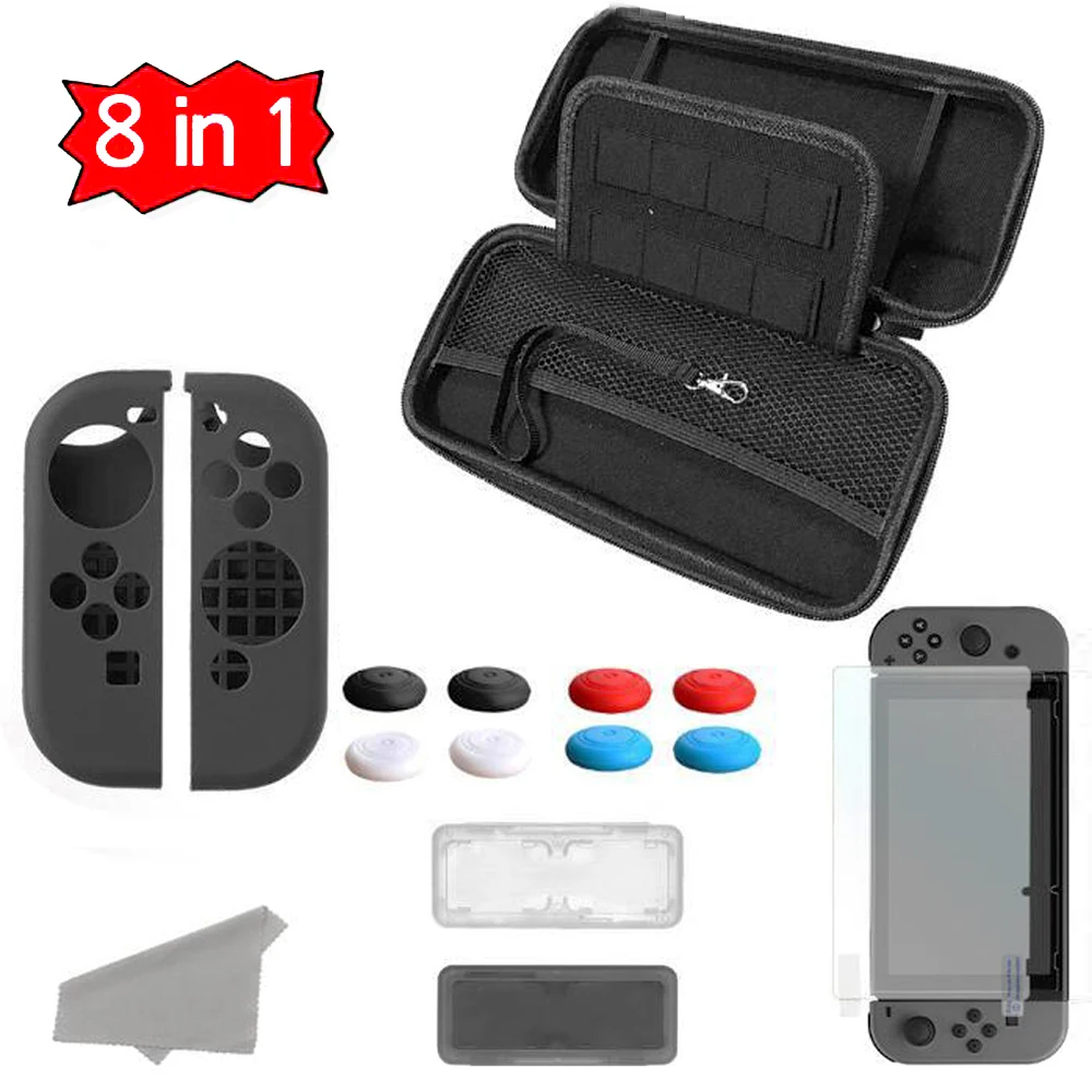 10set/lot 8 in 1 Carbon Fibre Storage Carry Bag Case + Silicone Case Cover + Tempered Glass Screen Protector for Nintend Switch