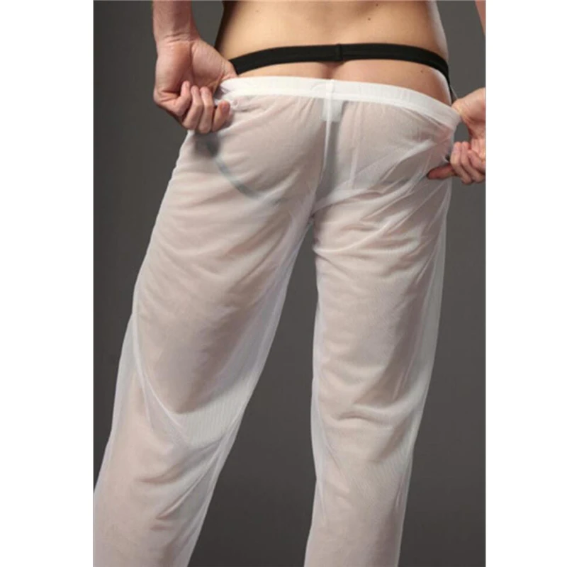 Pantalon Long Transparent pour homme, Sexy, ample, en maille, pour salon, Fitness, Pyjama, Lingerie Gay, sous-vêtements