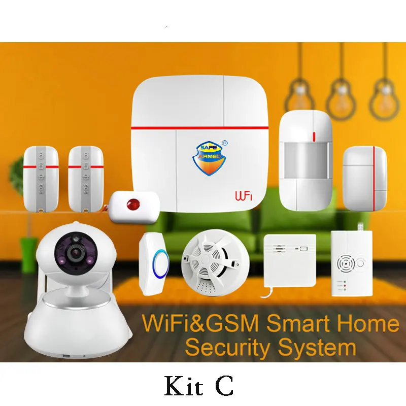 (1 set Kit C)Vcare Aalarm Intelligent Wifi&GSM Home Alarm System with Wireless Smoke Gas Water leak detector PIR Motion