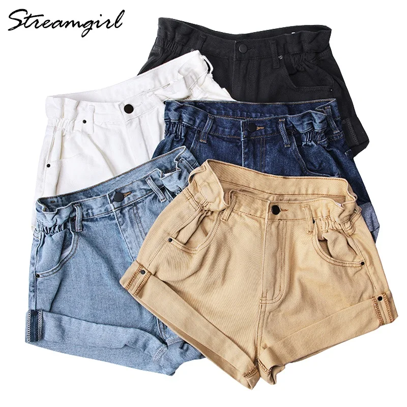 Streamgirl Denim Shorts Women\'s White Women Short Jeans Khaki Wide Leg Elastic Waist Vintage High Waist Shorts Women Summer