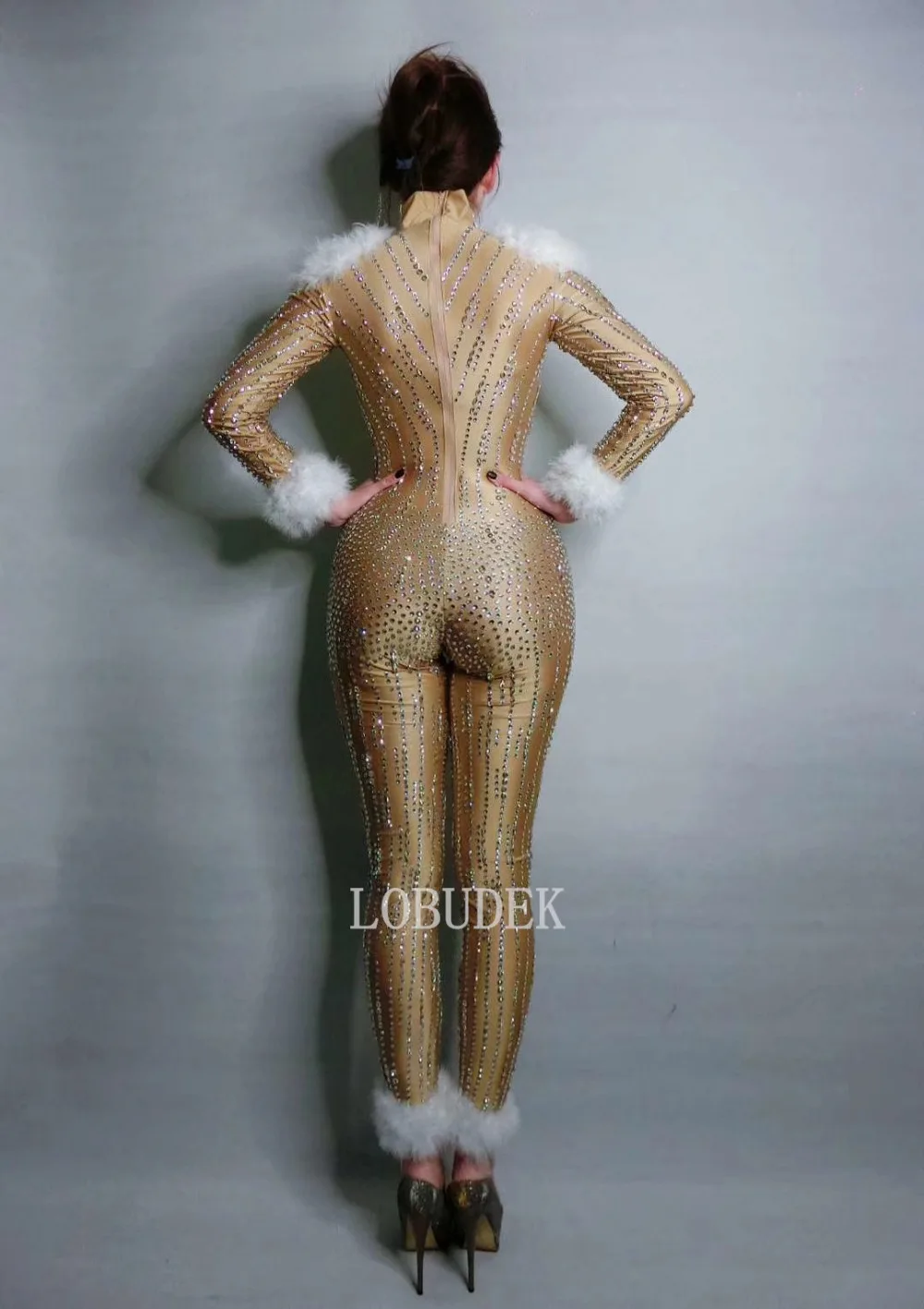 Luxury Rhinestones Chains Plush Sleeve Jumpsuit for Women Birthday Evening Party Celebrate Outfit Singer Stage Costume