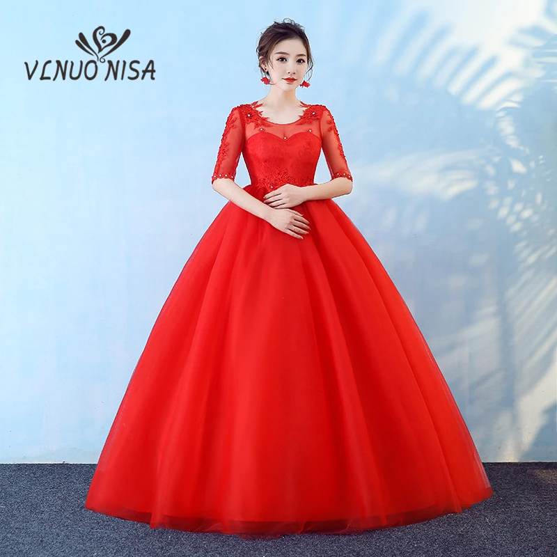 Elegant Comfortable Red Lace Maternity Wedding Dress Half Sleeve Lace Up Long Ball Gown Cheap Plus size for Pregnant Bride