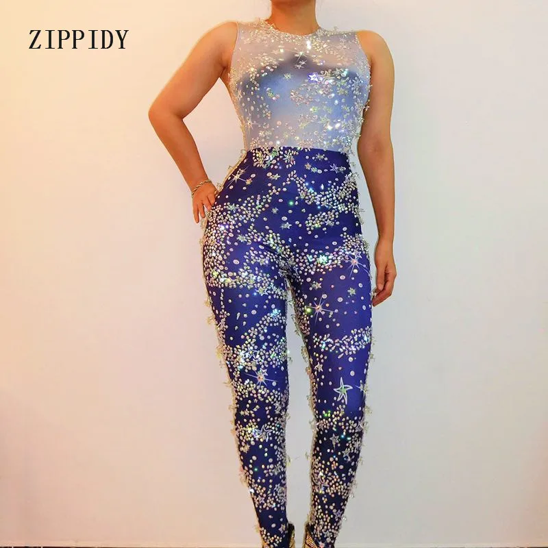 Sparkly Sterne Kristalle Blau Overall Glisten Strass Kostüm Body Bar Bühne Leistung Outfit Party Feiern Strampler