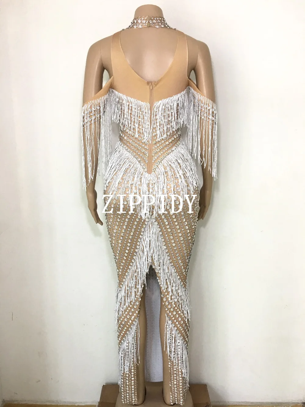 Fashion White Tassel Bling Full Crystals Long Dress Nightclub Women's Birthday Party Celebrate Heavy Handmade Sexy Stage Dresses