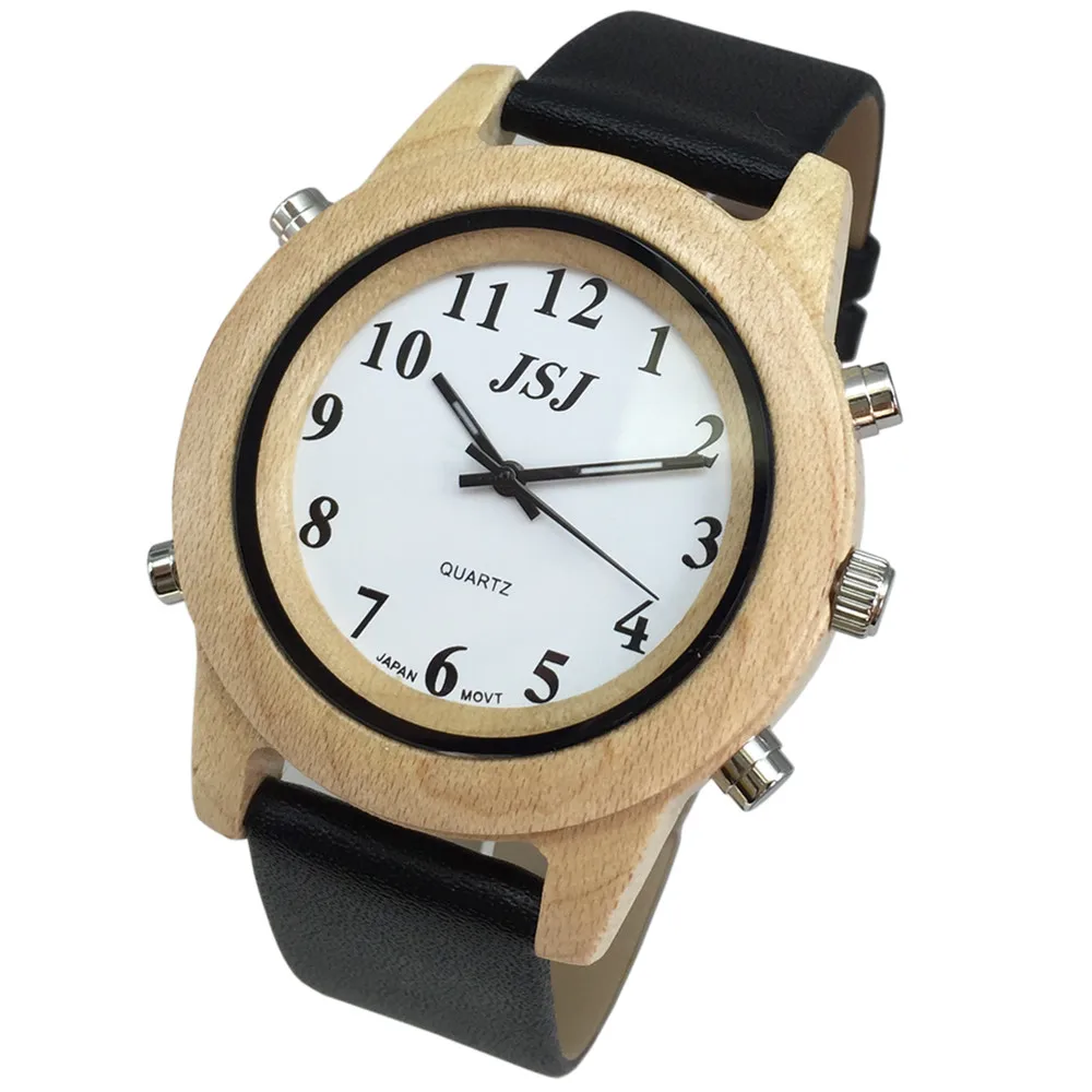 English Talking Watch with Alarm, White Dial, Wooden Frame, Leather Band