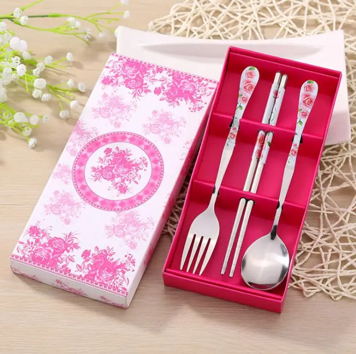 100sets / lot Stainless Steel Spoon Fork And Chopstick Set Metal Tableware Wedding Gift Souvenirs Free Shipping SN866