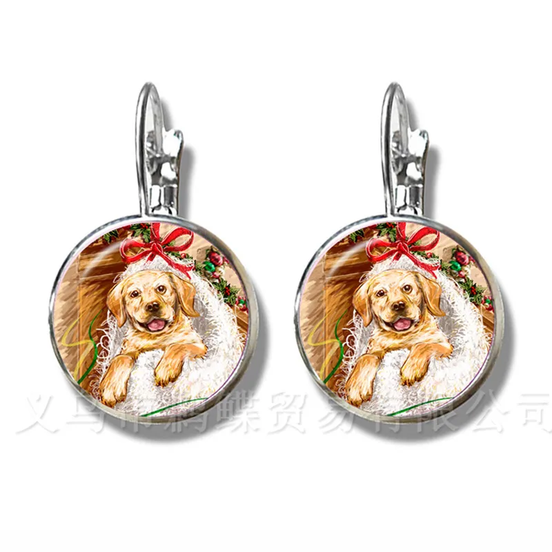 Christmas Dog Pattern Stud Earring 16mm Glass Dome DIY Charm Earrings For Women Girls Wonderful Xmas Gift