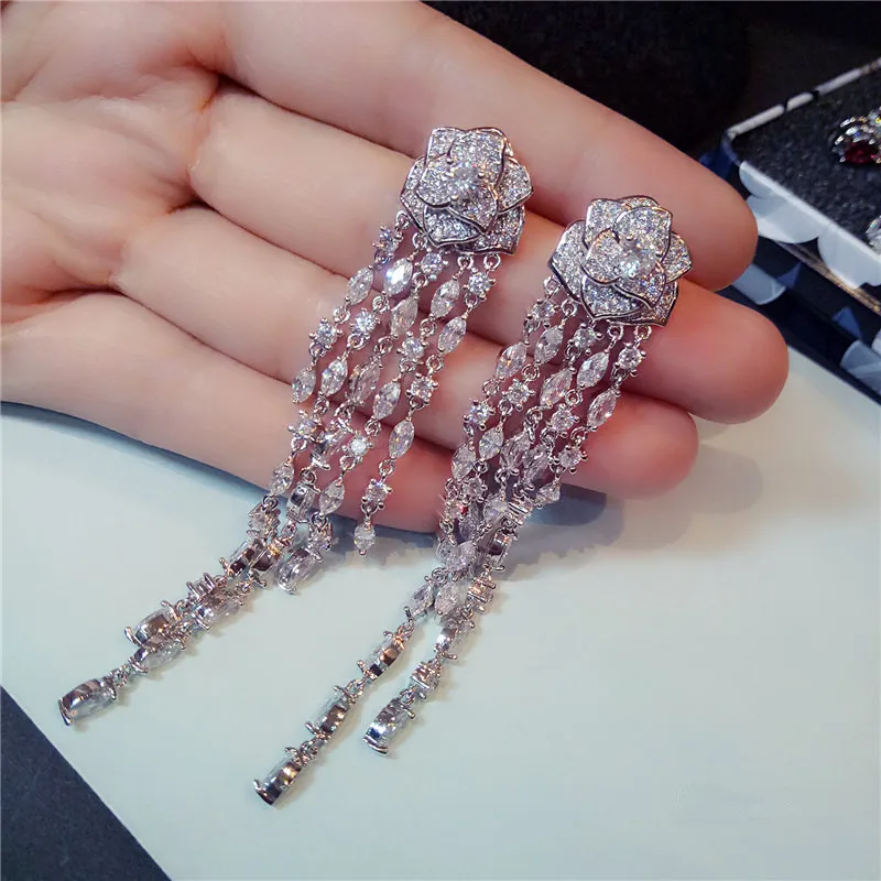 

S925 Sterling Long Drop Earrings For Women Luxury Tassels Hyperbole Camellia Vintage Needles Vintage Fine Jewelry