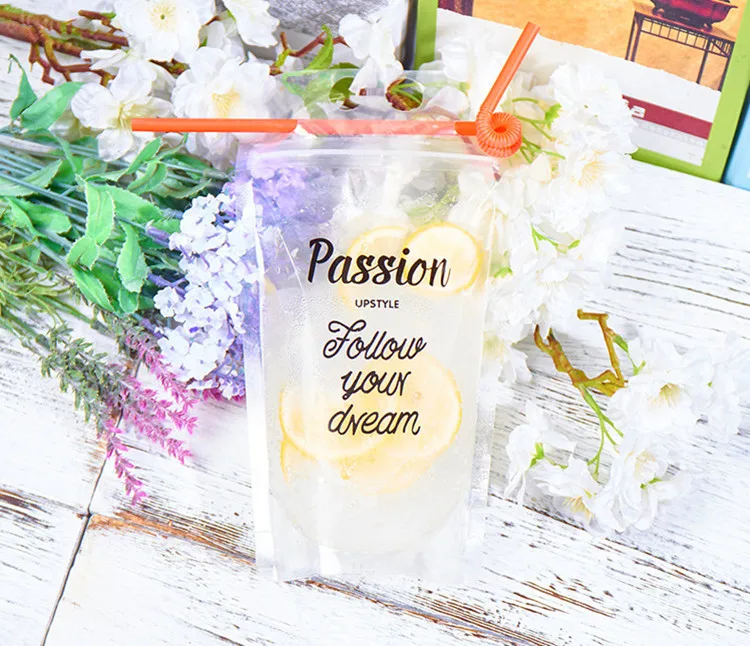 

100pcs 450-500ml Clear Plastic Drinking Packaging Pouch Beverage Juice Coffee Bag with free 100pcs Straws Together