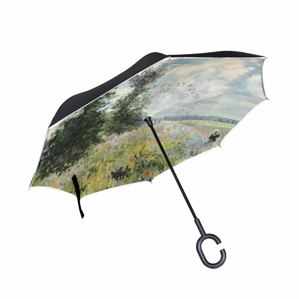 Monet Oil Painting Umbrella Poppy Fields Near Argenteuil Women Rain Reverse Umbrella Windproof Double Layer Inverted Umbrellas