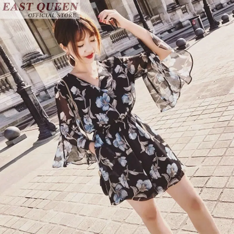 Women playsuits 2018 tunic chiffon floral print ruffles sleeve beach rompers full length pants loose casual jumpsuit DD682 L