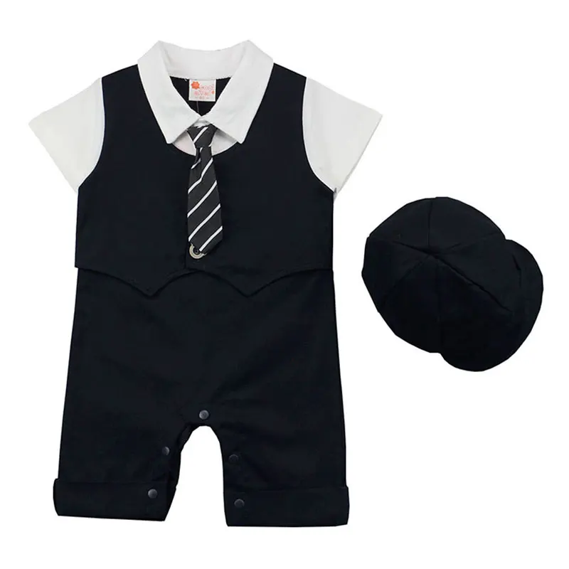 Kits for Newborns Baby Boy Rompers Formal Gentleman Clothing Wedding And Party Clothes Suits Short Sleeve Sets+Hat Boys Jumpsuit