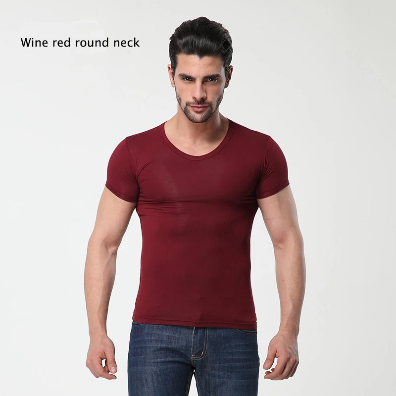 Ropa interior MODAL de color sólido para hombre, ropa ajustada de manga corta, transpirable, con cuello redondo