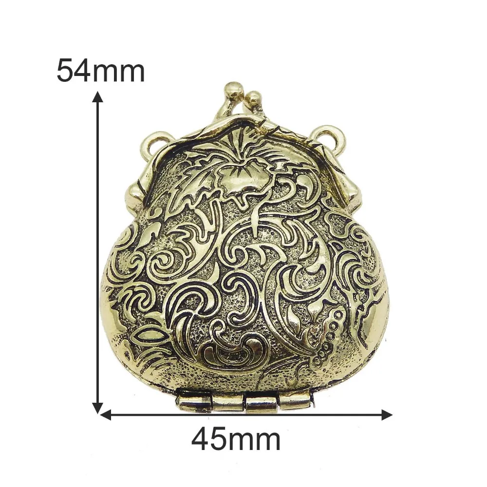 GraceAngie 2PCS Charms Antique Bronze Purse Shape Flower Pattern Locket Alloy Pendants Vintage Jewelry 54*45MM Open&Close Retro