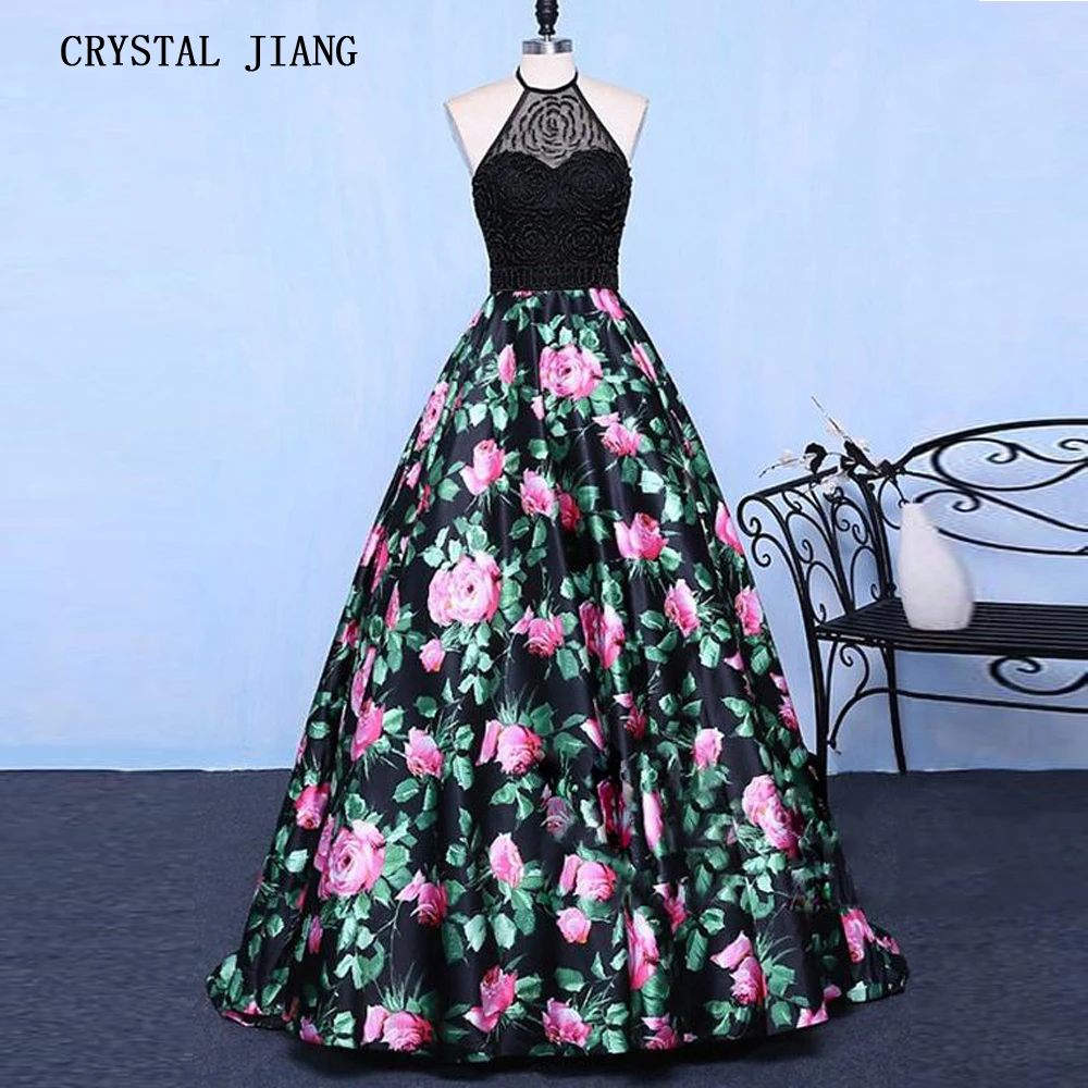 Nieuwe Collectie 2019 Sexy Halter Crystal Kralen Prom Gown Custom made EEN Line Bloemen Gedrukt Avond Prom Dresses Lange