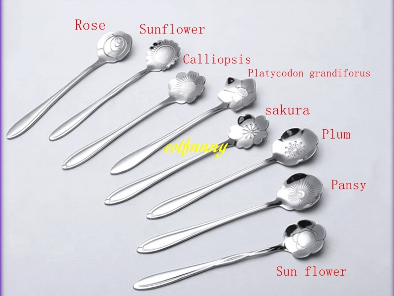 200pcs/lot Tableware Flower Shape Sugar Stainless Steel Silver Tea Coffee Spoon Teaspoons Ice Cream Flatware Kitchen Tools