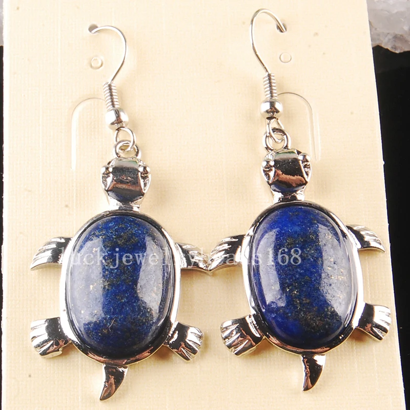 Fashion Jewelry 22x32mm Beatiful Natural Lapis Lazuli Turtle Art Earrings 1Pair C3610