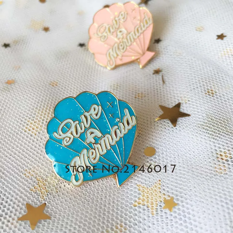 50pcs Blue Pink Lapel Pin Soft Enamel with Glitter Epoxy Custom Made Metal Badge Craft Hot Sea Shell Conch Brooches Collar Pins