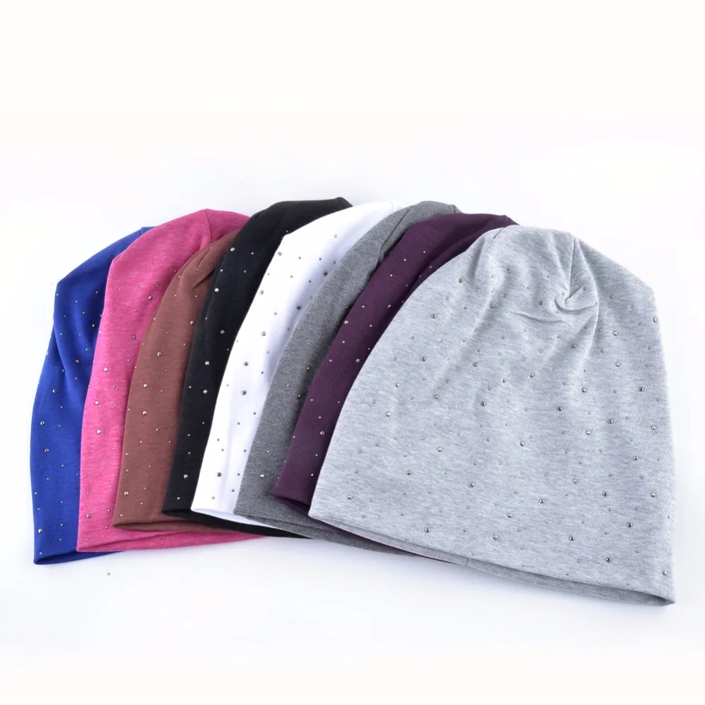 Fashion Rhinestone Beanies Women Spring Autumn Solid Color Skullies Beanie Cap Ladies Cotton Soft Bonnet Hats Female Gorro Caps