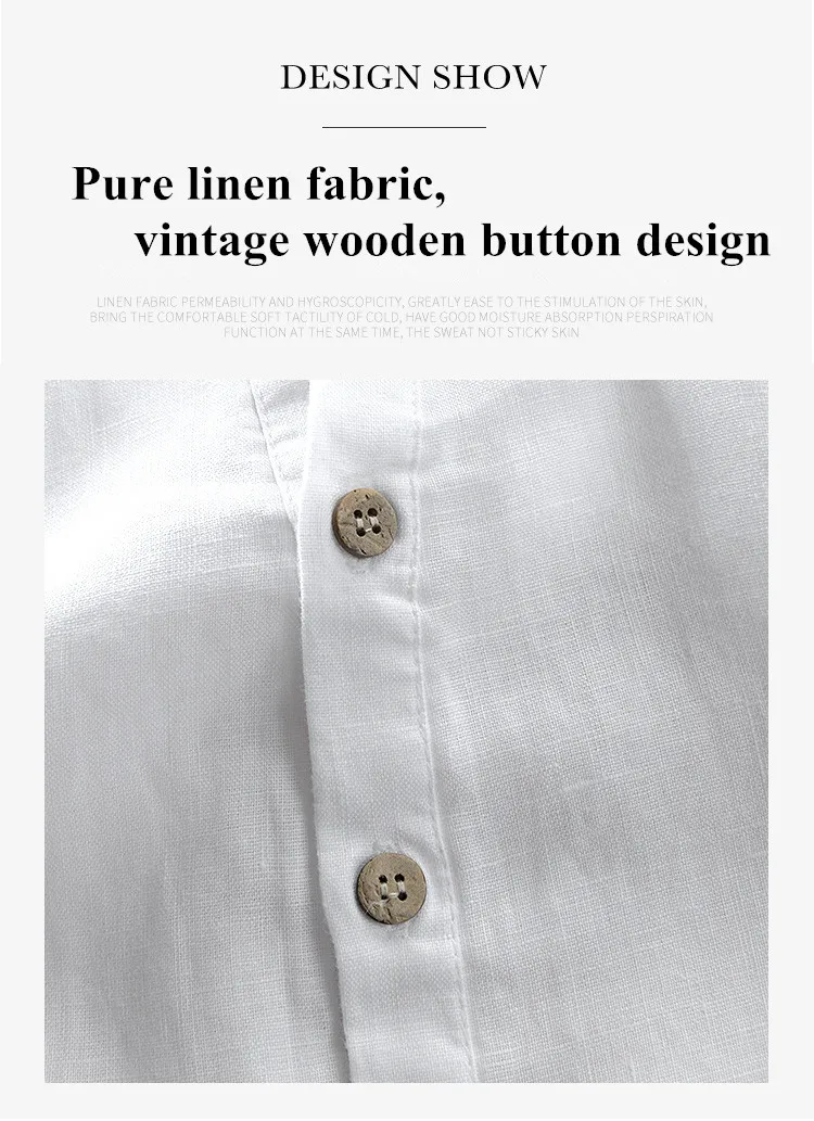 New pure linen short-sleeved shirt stand collar casual simple white shirt men brand vintage wooden buckle design camisa